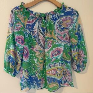 Chaps Green Floral Paisley Peasant Blouse Size S